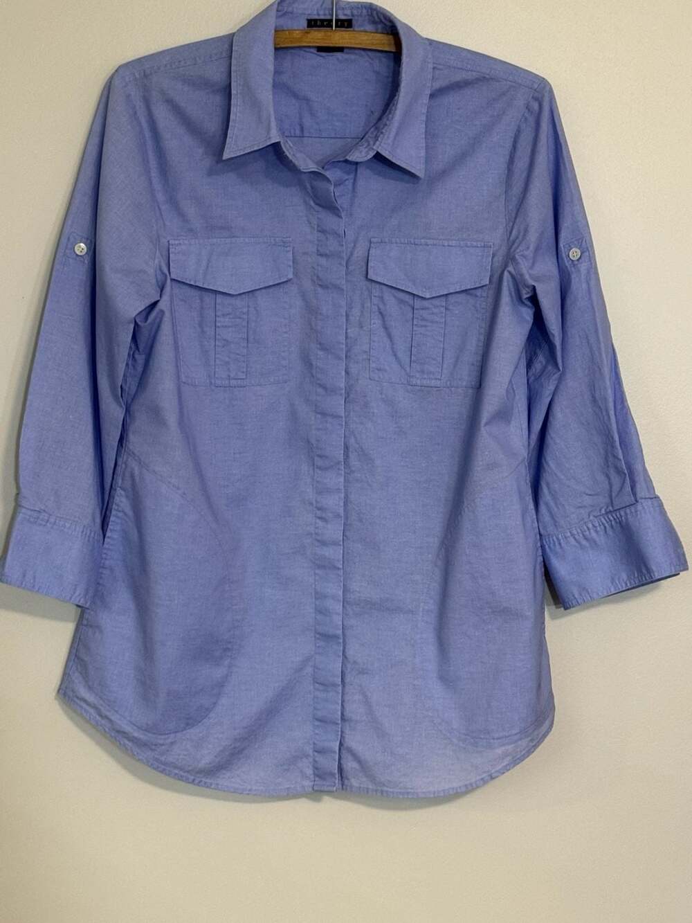 Theory 100% Cotton Blue ButtonDown 3/4 Sleeve Pocket Shirt Blouse Tunic Top L